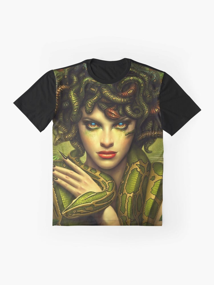 Medusa portrait t-shirt featuring a beautiful woman with snakes for hair, a character from Greek mythology - Flat lay