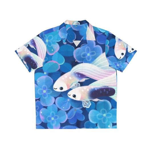 White tuxedo guppy fish in a tropical floral Hawaiian shirt