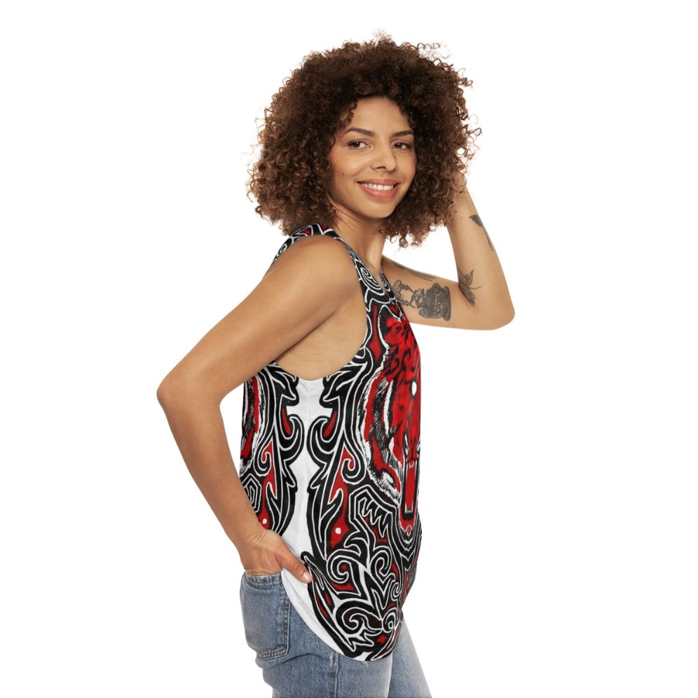 Unisex red tank top with angry tiger Indonesian art design - women side