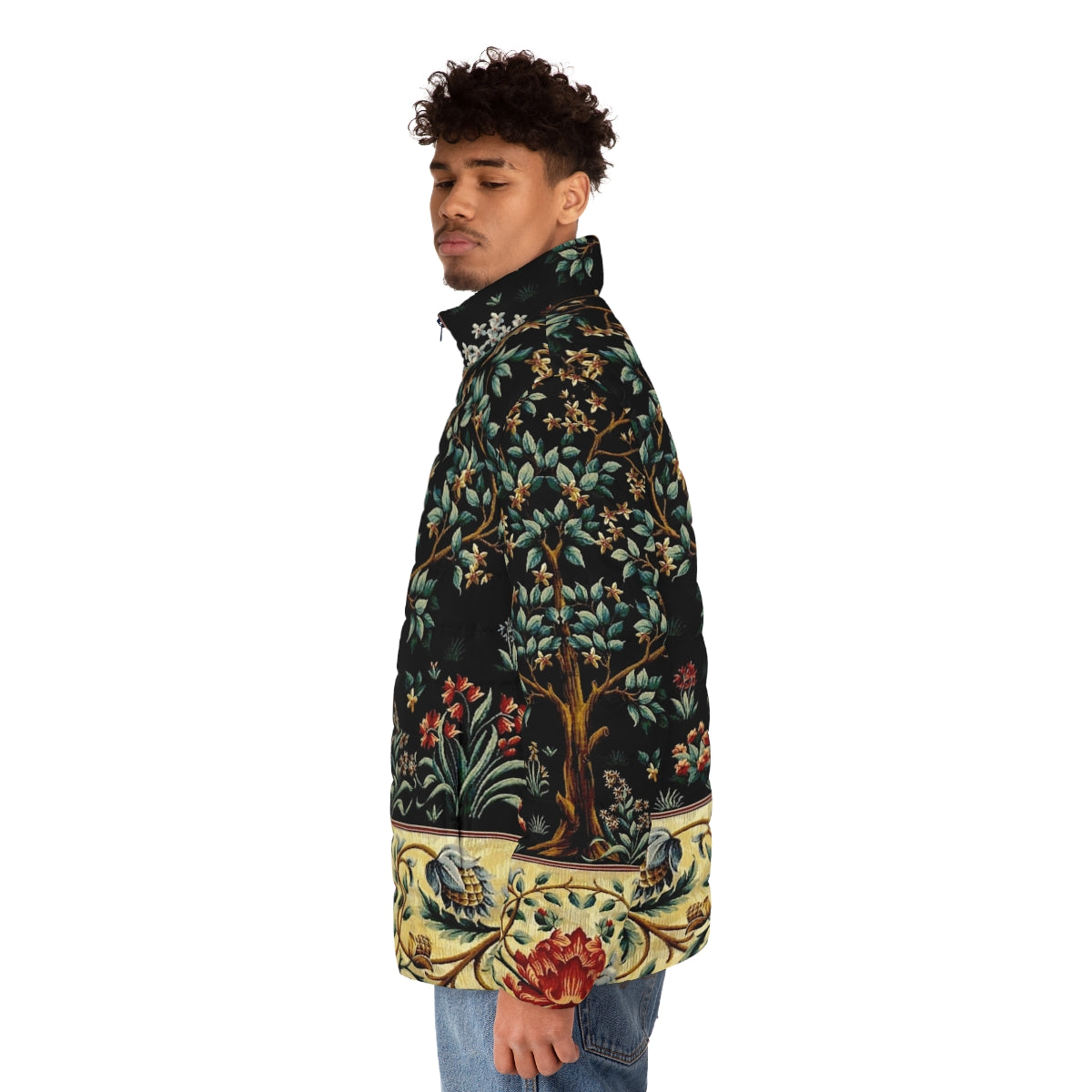 Midnight floral tapestry puffer jacket with enchanted, magical design - men side left