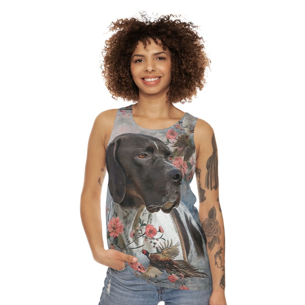 Pointer dog with pheasants on a unisex tank top - women