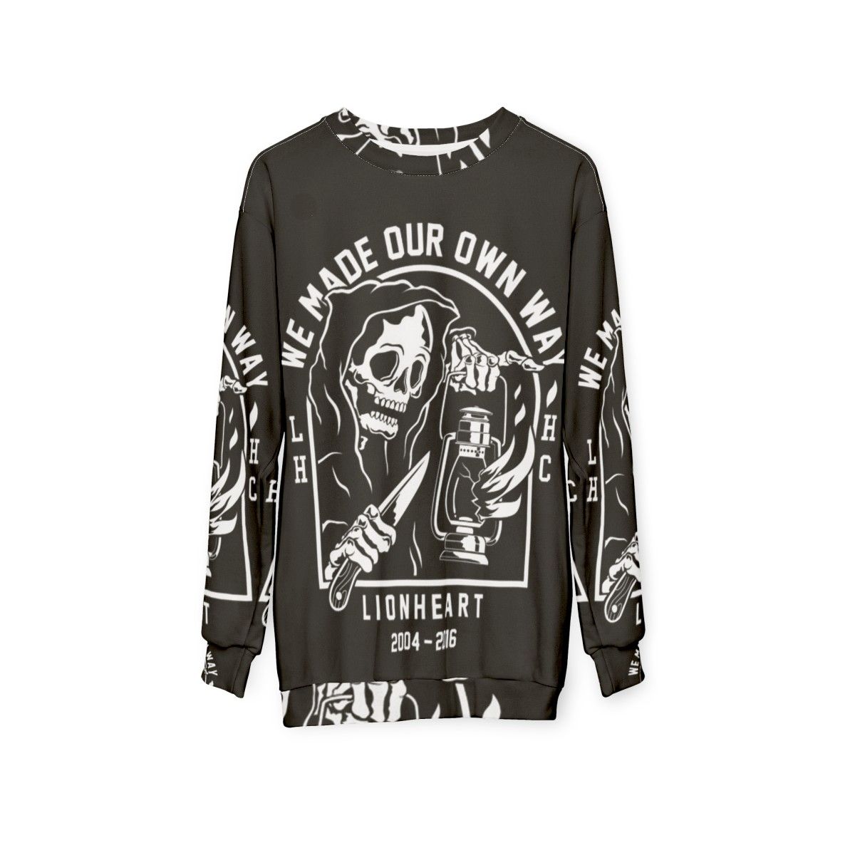 Lionheart Metal Music Sweatshirt with Grim Reaper Skull Design - hanging