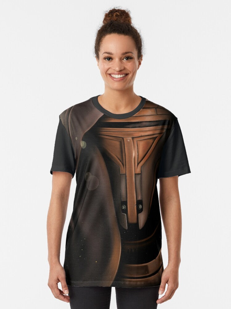 Graphic t-shirt featuring a portrait of Darth Revan, a legendary Sith Lord from the Star Wars: Knights of the Old Republic video game series. - Women