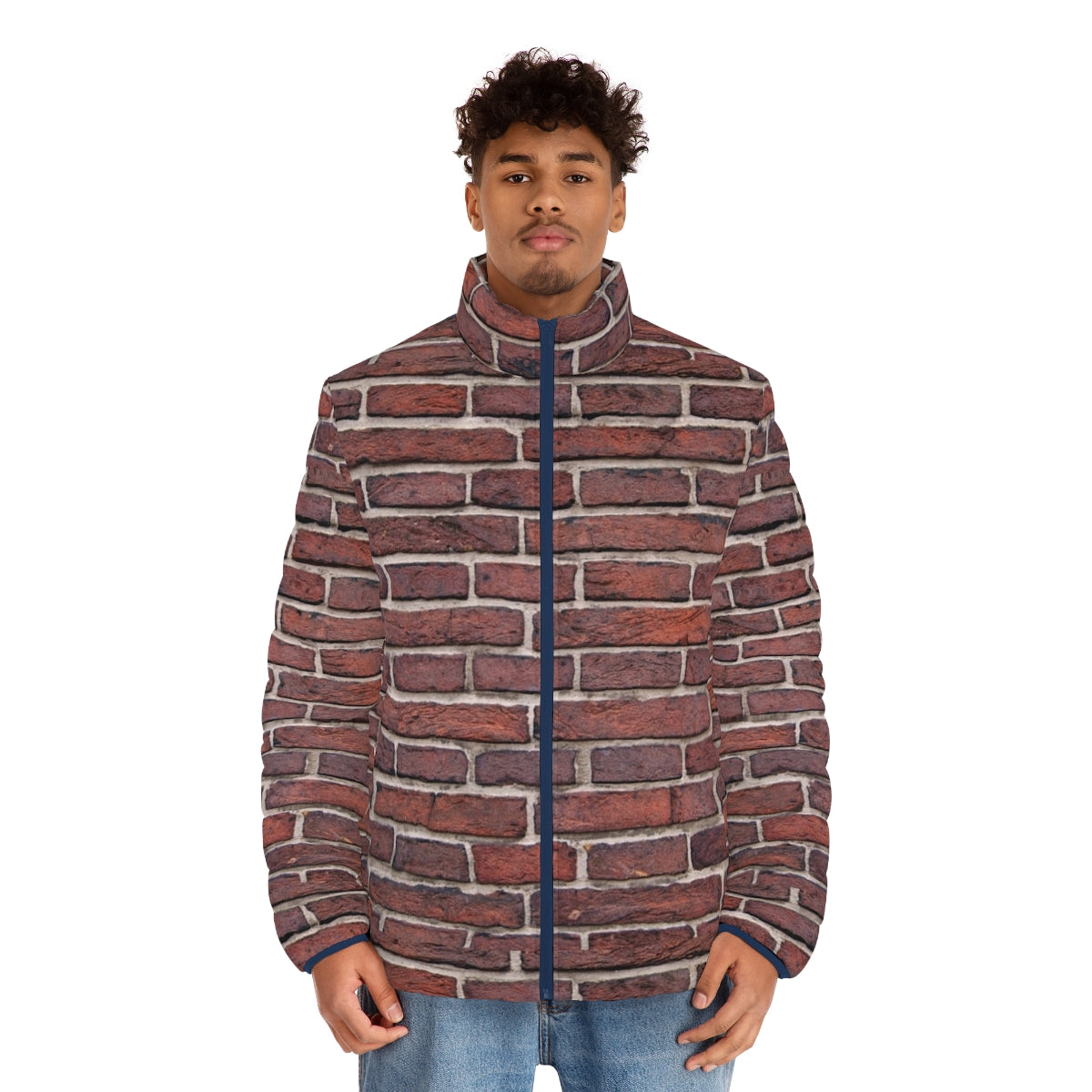 Brick Wall Puffer Jacket with Red Brick Wall Texture and Grunge Design - men front