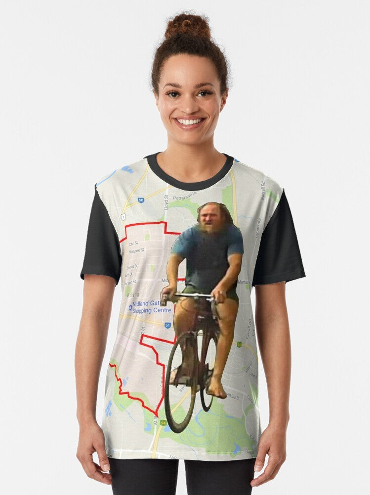 Mad dog graphic t-shirt featuring a funny illustration of a dog riding a bike in Australia - Women