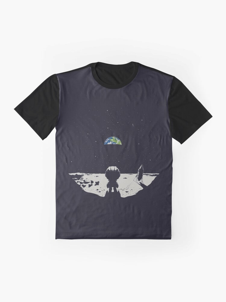 Kerbal Space Program T-Shirt featuring a graphic design of a rocket and planets - Flat lay