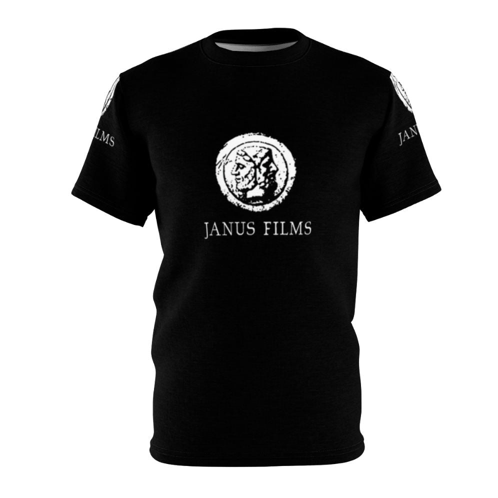 A high-quality all-over print t-shirt featuring the iconic Janus Films logo, designed for classic cinema and film enthusiasts.