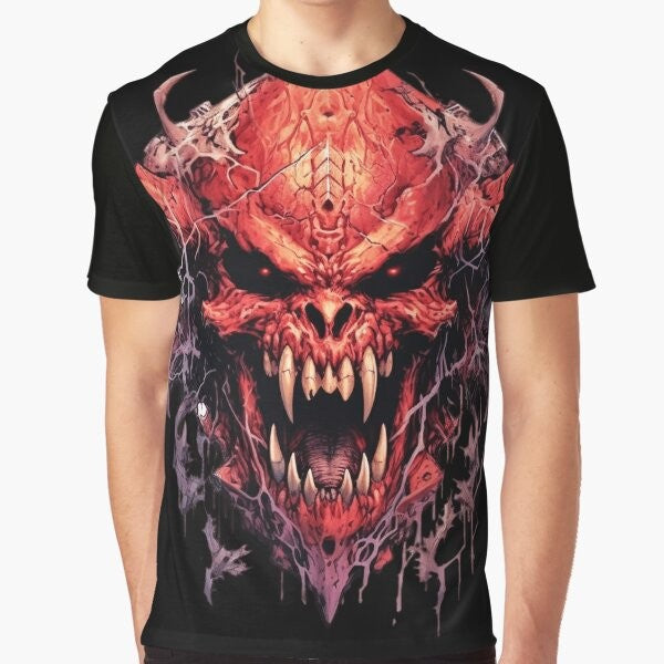 Horned demon skull design on a classic retro gaming style t-shirt for doom marine fans.