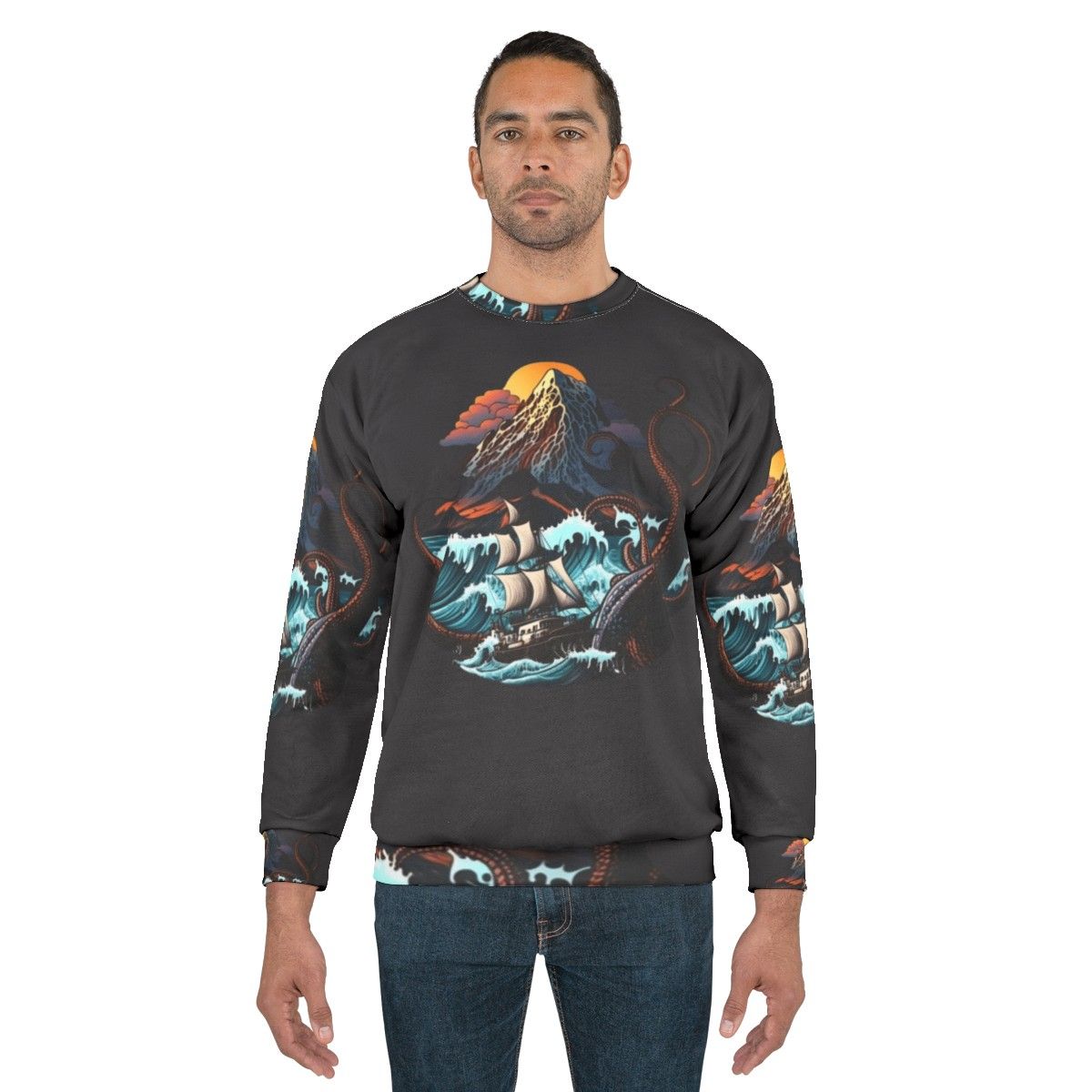 Mythical sea creatures sweatshirt with whimsical fantasy design - men