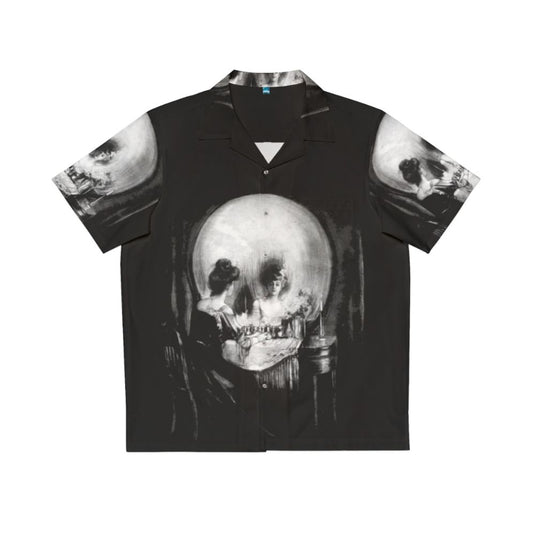 Gothic 'All Is Vanity' Hawaiian Shirt featuring a black and white skull and mirror design