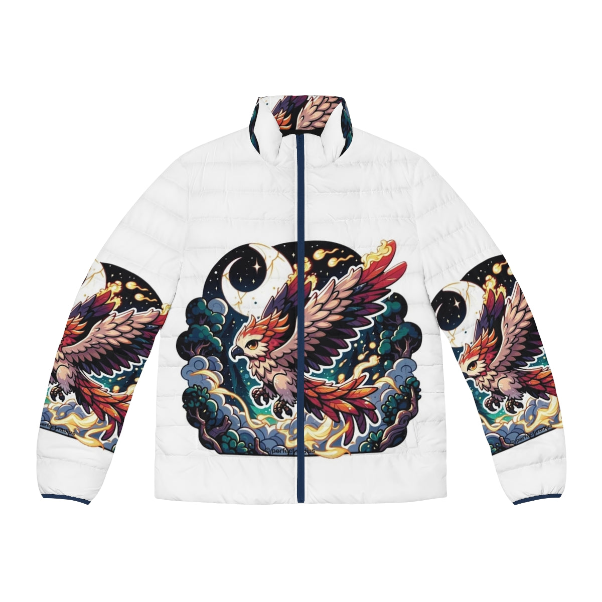 Mythical phoenix and thunderhawk design on a cozy fantasy puffer jacket