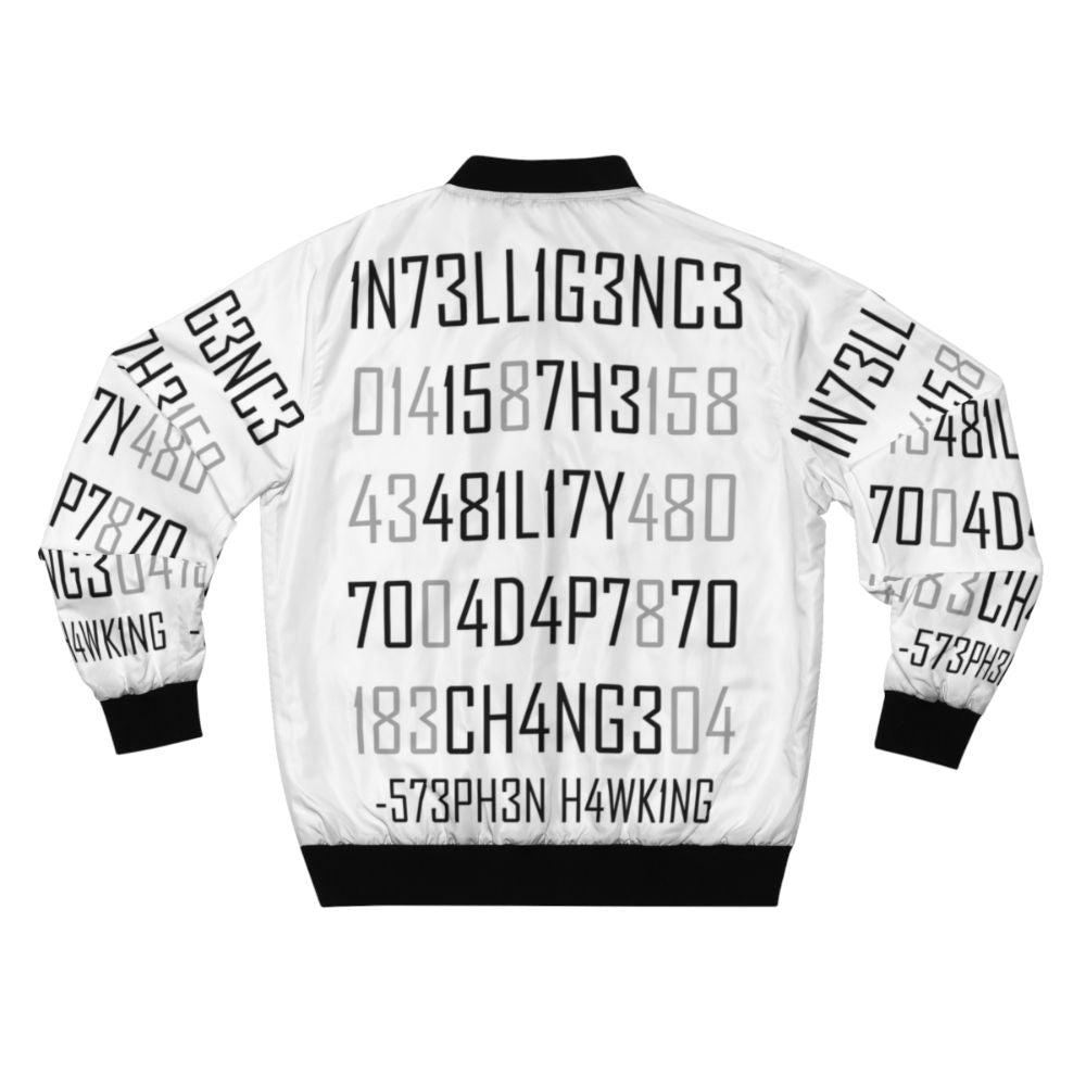 Adapt or Die Encoded Bomber Jacket featuring science and intelligence graphics - Back