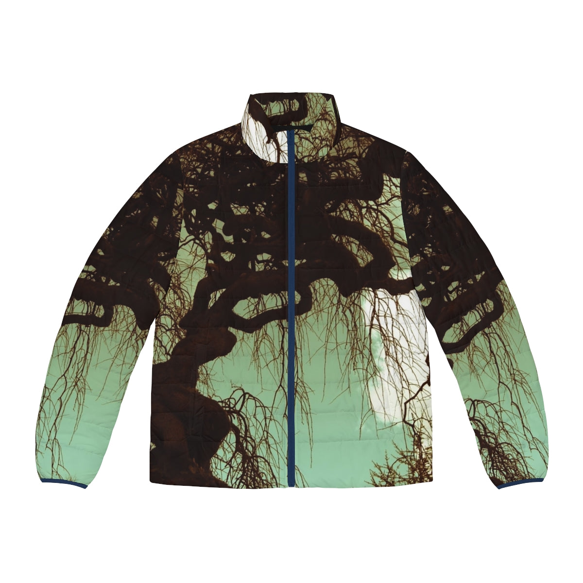 A cozy puffer jacket in a scenic nature landscape