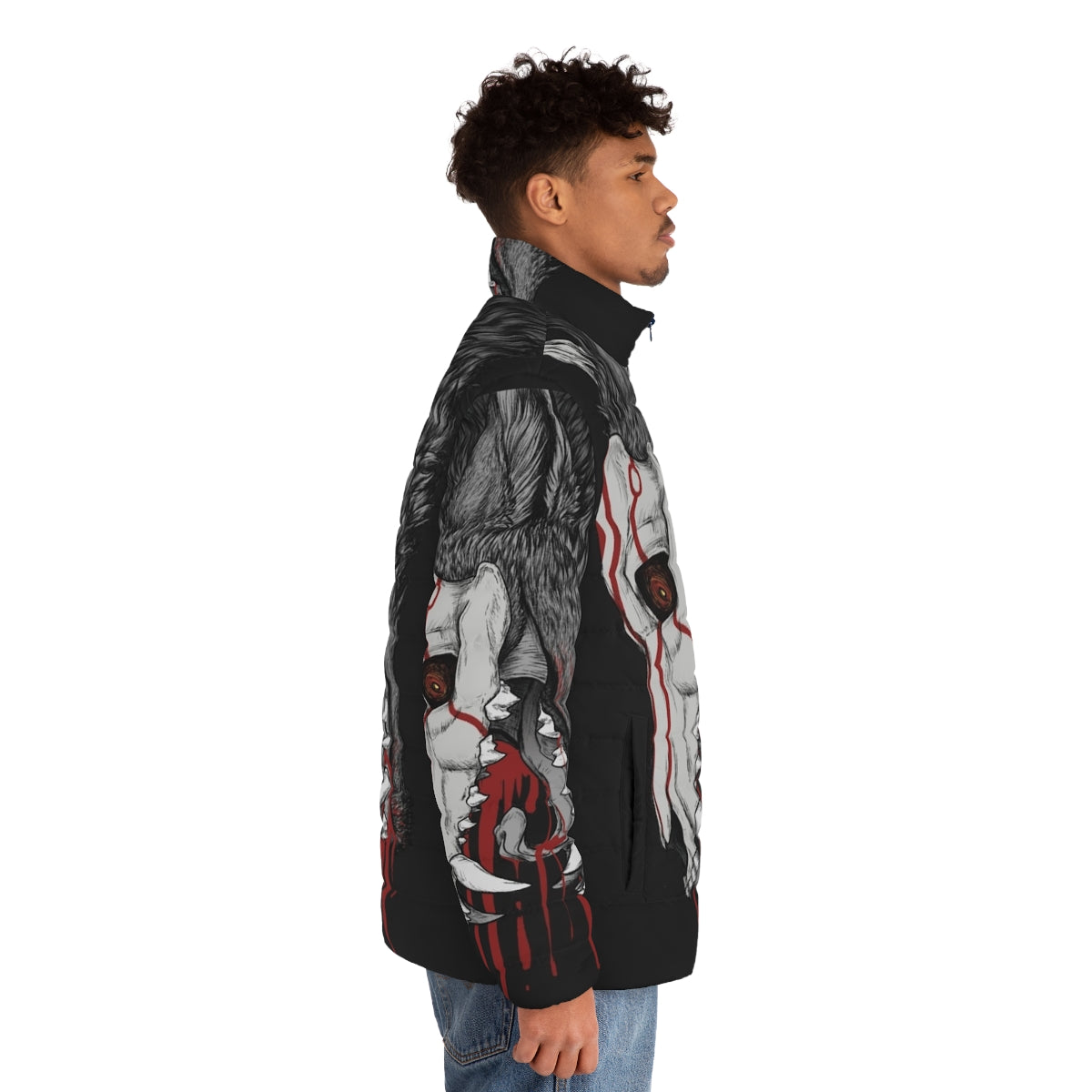 A black puffer jacket featuring horror elements like wolves, fangs, and blood for anime and horror enthusiasts. - men side right