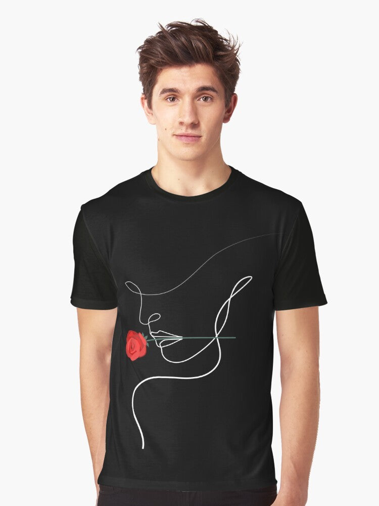 One line art graphic t-shirt featuring a minimalist drawing of a woman with a rose. - Men