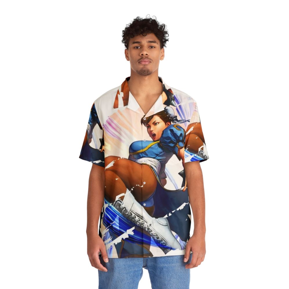 Chun Li inspired Hawaiian shirt featuring the iconic arcade character - People Front