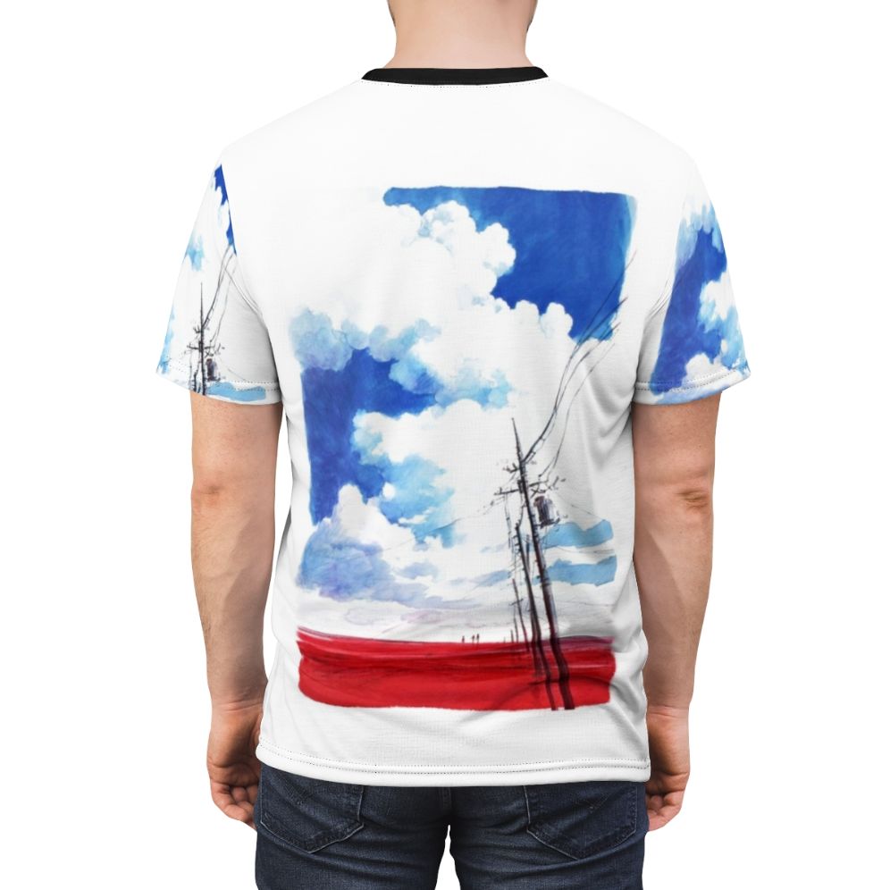 Vibrant watercolor t-shirt design inspired by the Neon Genesis Evangelion anime series, featuring key characters and symbolism. - men back