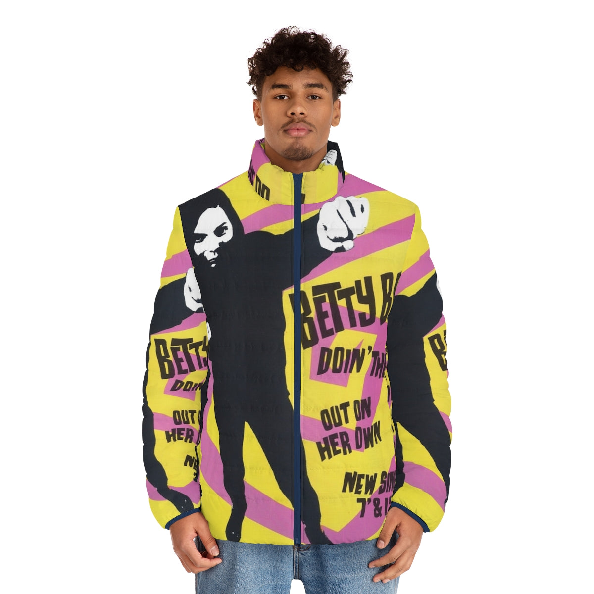 Betty Boo "Doin' The Do" 90s inspired puffer jacket with retro graphic design - men front