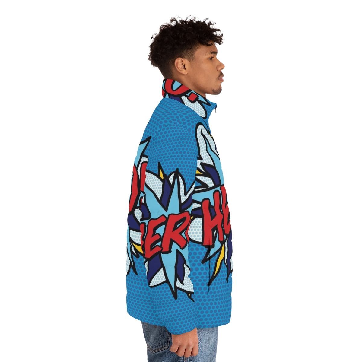 Vibrant hero comic book pop art puffer jacket with retro superhero graphics - men side right