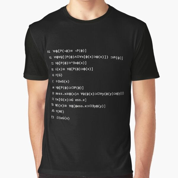 Gödel's Ontological Proof Graphic T-Shirt featuring a minimalist design with mathematical symbols and text