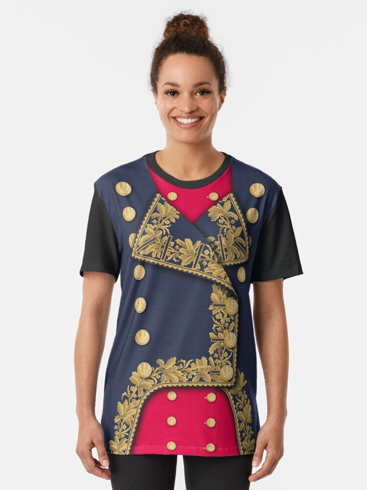 Napoleonic General Graphic T-Shirt featuring a vintage military uniform design in blue and red colors - Women