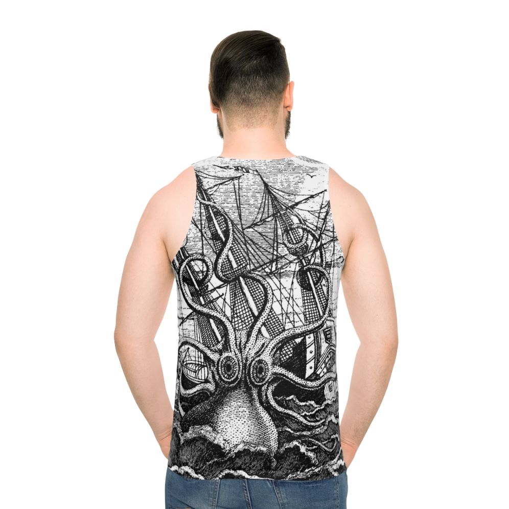 Vintage Kraken Attacking Pirate Ship Illustration Tank Top - men back