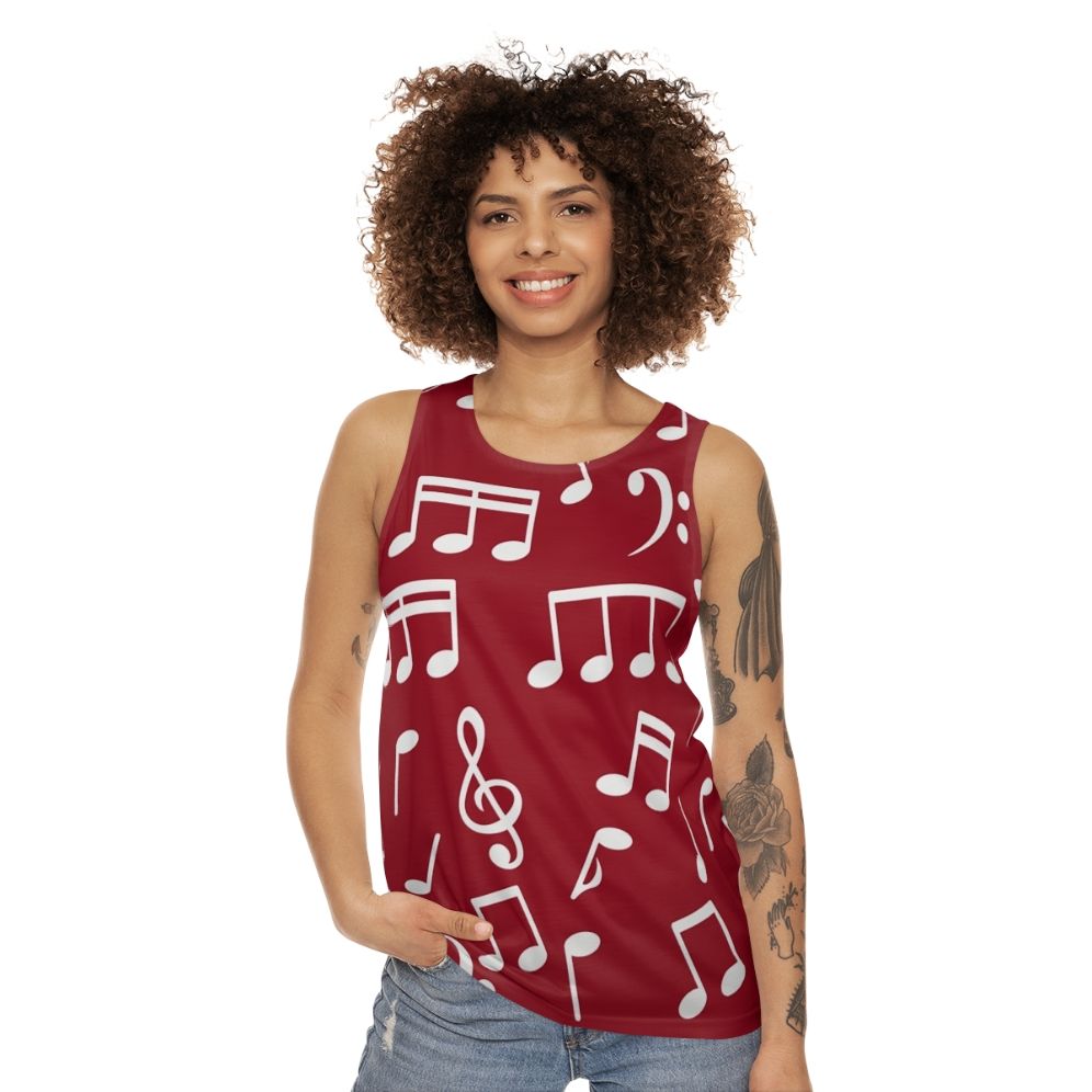 White music notes unisex tank top with red background - women