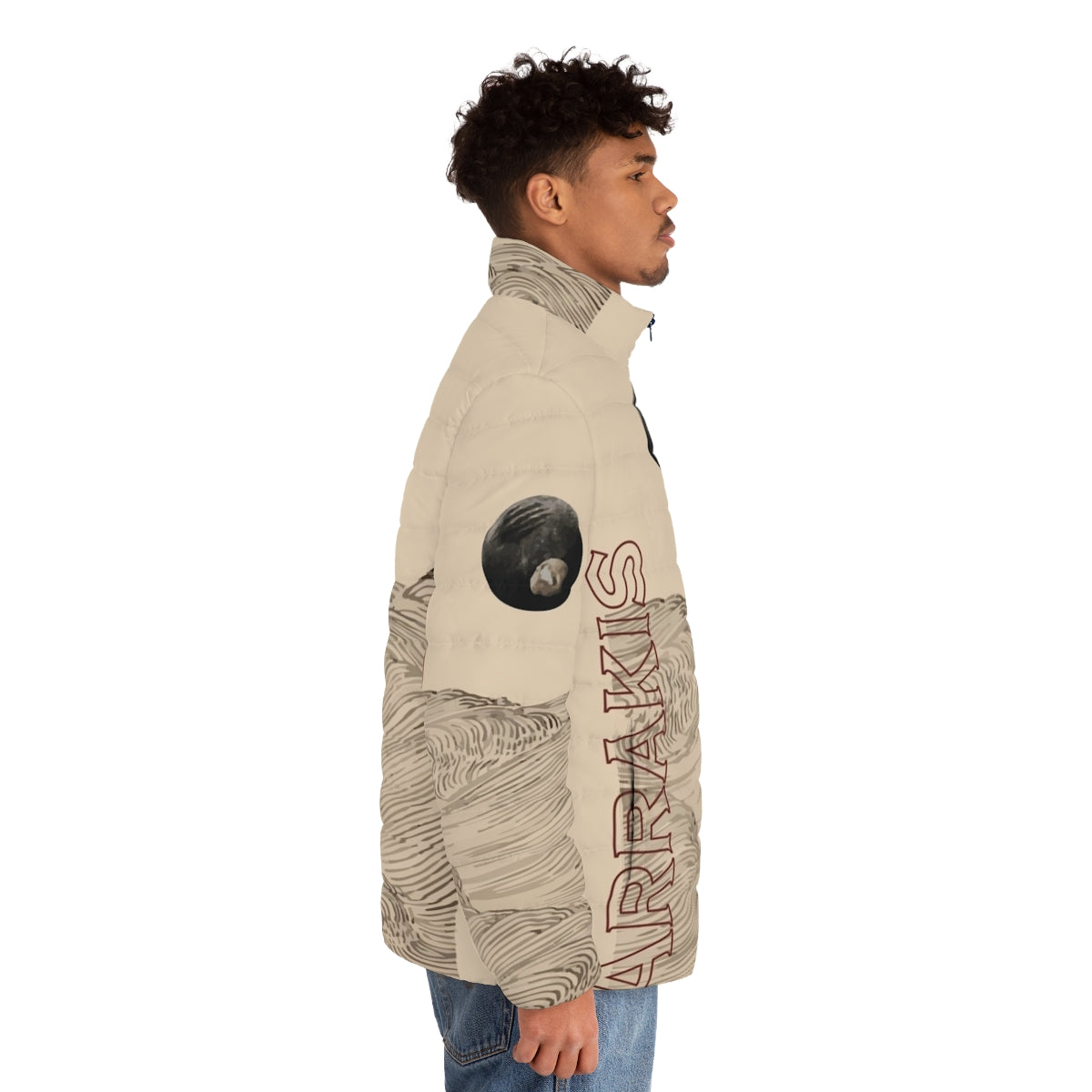 Dune inspired puffer jacket with desert landscape design - men side right