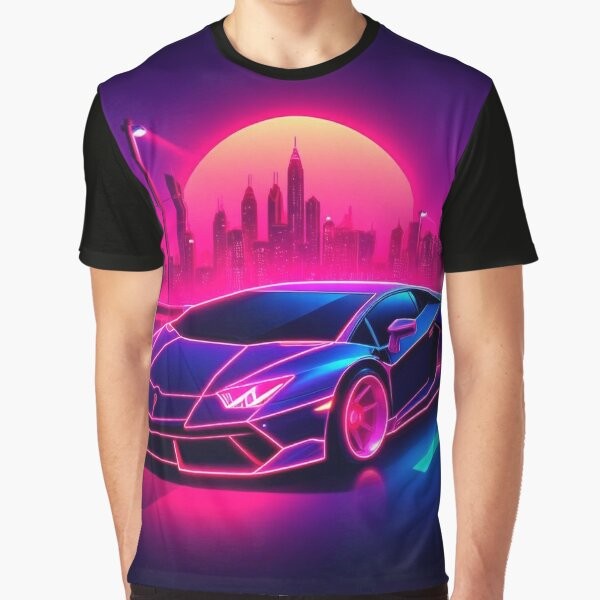 A synthwave-inspired graphic t-shirt featuring a neon-lit retro-style car against a sunset background.