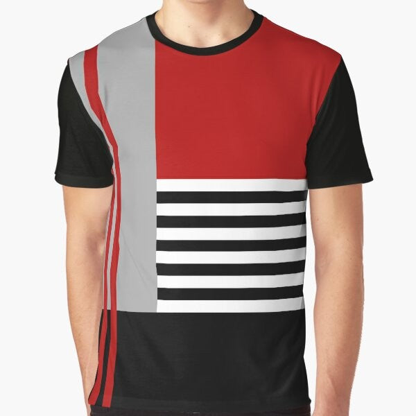 Colorful geometric minimalist design t-shirt featuring abstract patterns and shapes