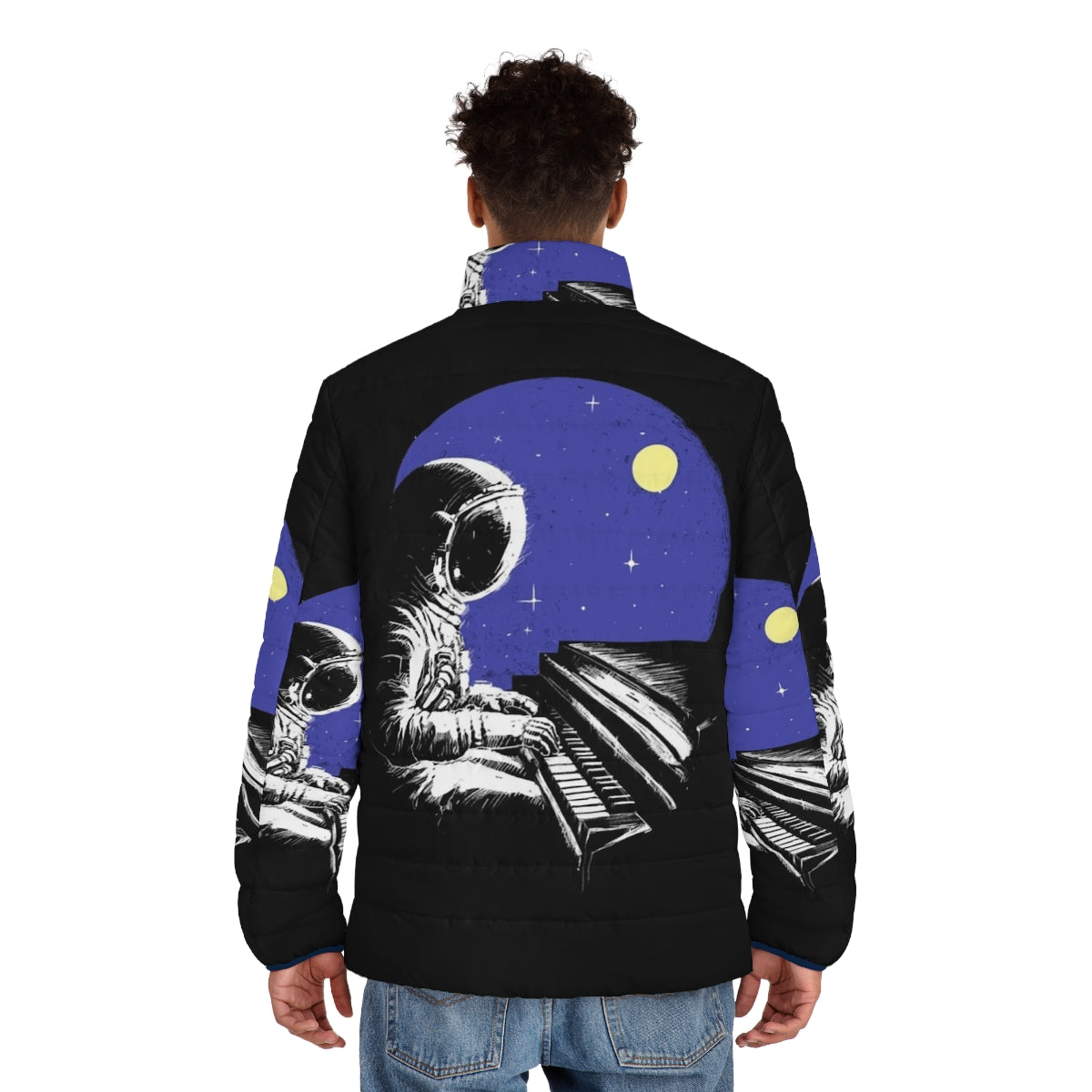 A sleek, black puffer jacket featuring a space-inspired design with stars, planets, and a cosmonaut helmet. - men back