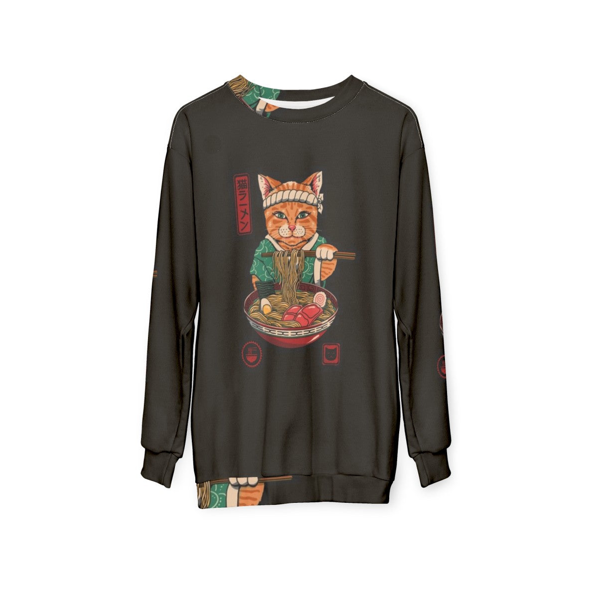 Neko Ramen Sweatshirt featuring a cat design with a ramen bowl - hanging