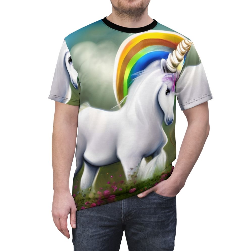 Illustration of a majestic fantasy unicorn with a golden horn on a t-shirt - men front