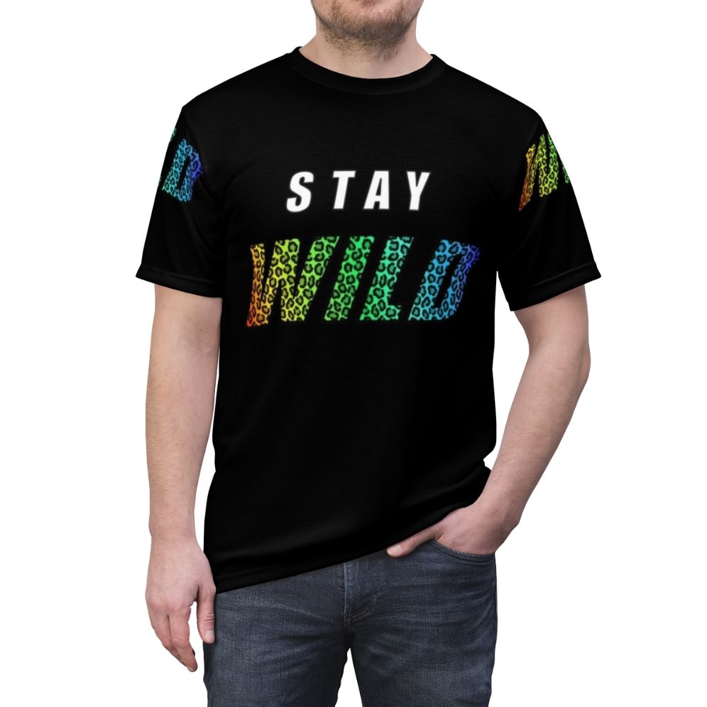 A vibrant all-over-print t-shirt featuring a colorful leopard design and the phrase "Stay Wild" - men front