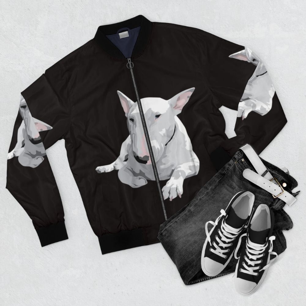 English Bull Terrier wearing a bomber jacket - Flat lay