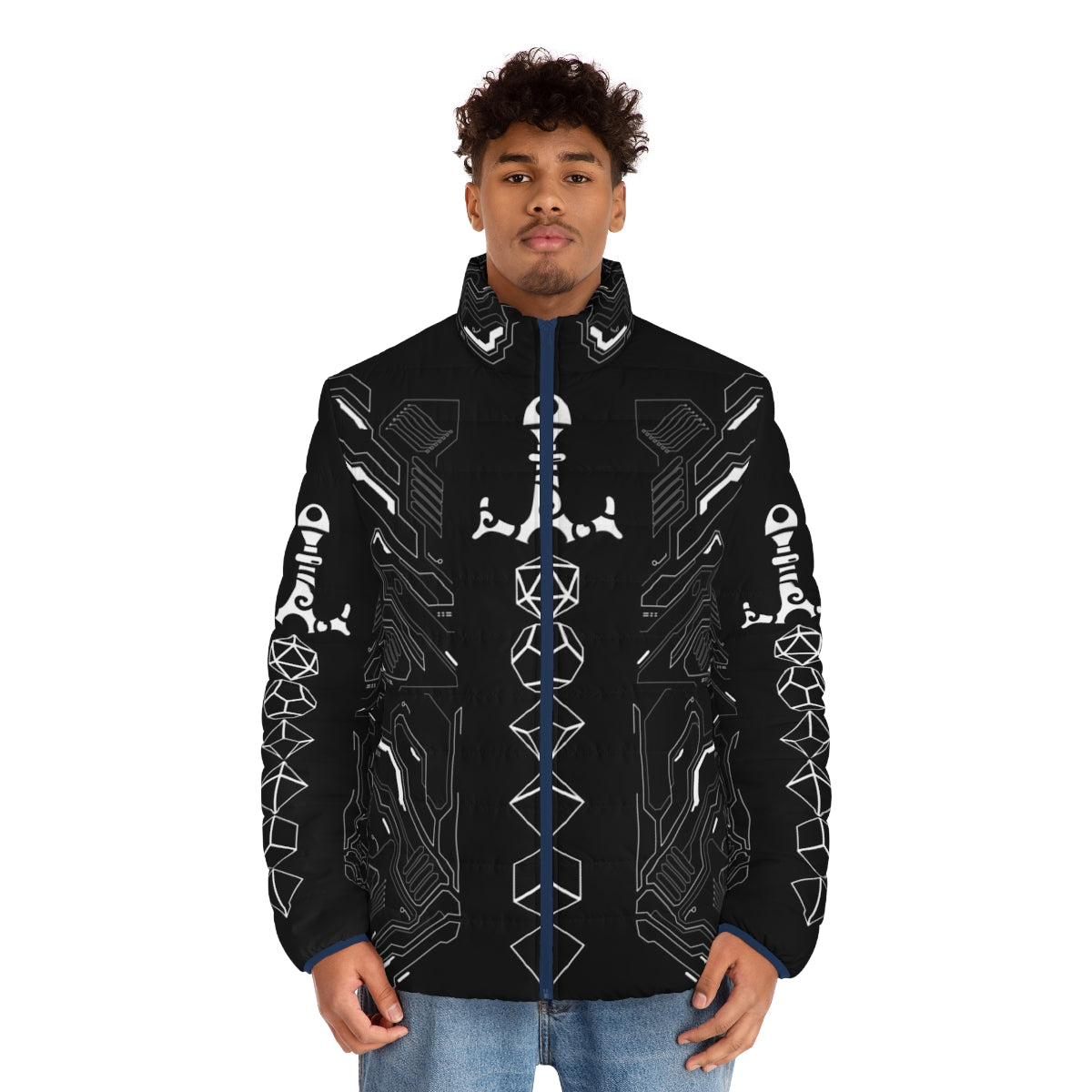 Futuristic Dungeons & Dragons puffer jacket with polyhedral dice design - men front