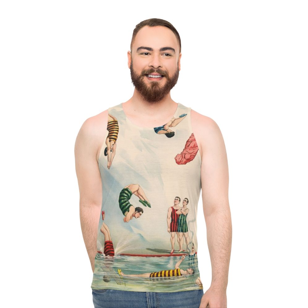 Vintage circus-inspired unisex tank top with colorful stripes - men