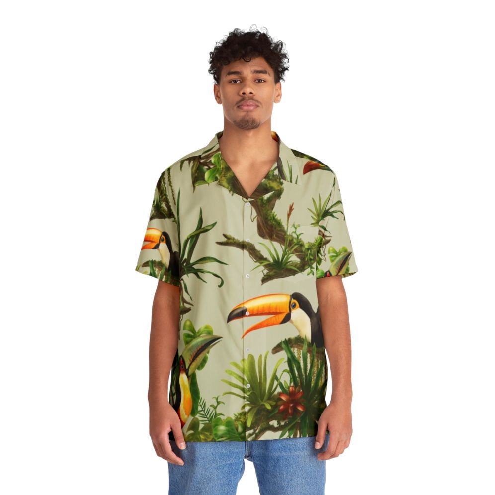 Toucans and Bromeliads Hawaiian Shirt with Vintage Tropical Botanical Print - People Front