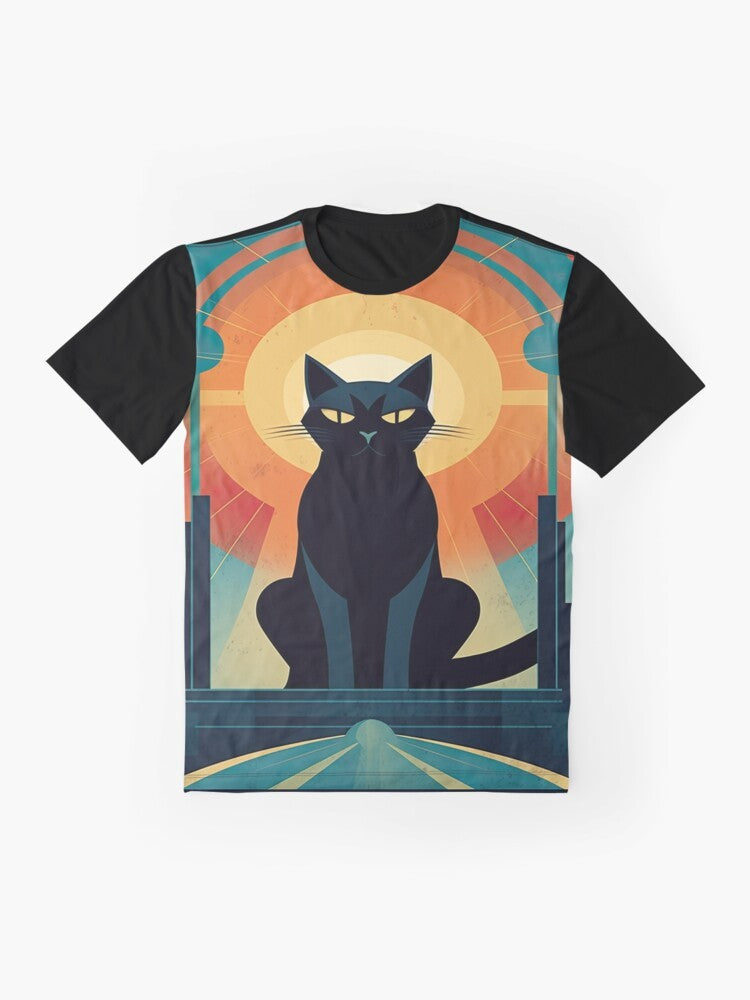 Vintage art deco cat graphic t-shirt with a glamorous, retro design - Flat lay