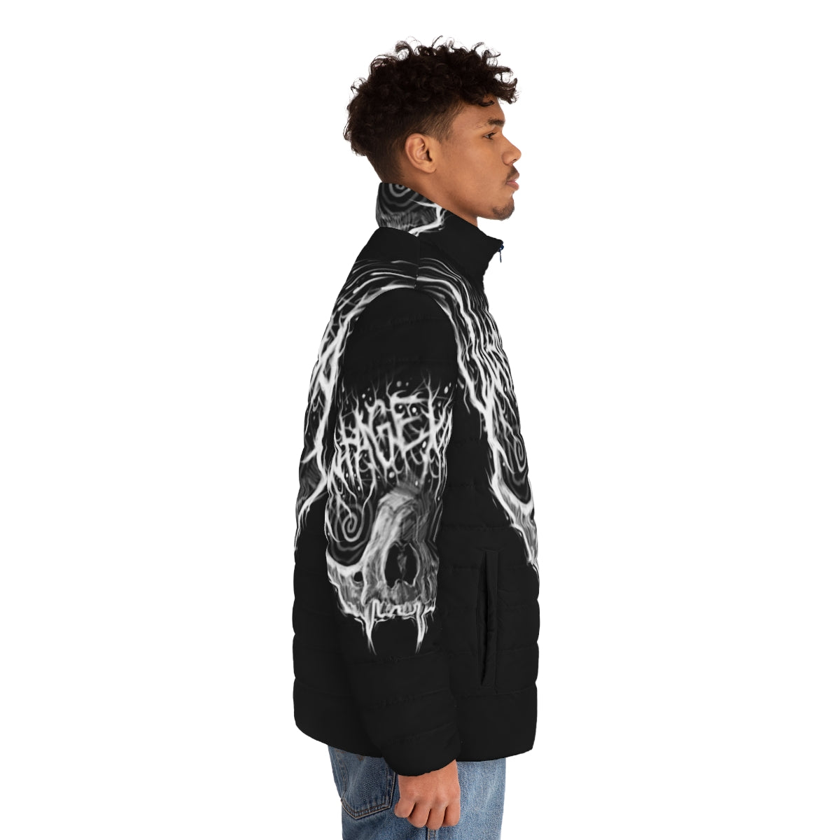 Black metal inspired puffer jacket with vintage cat design - men side right