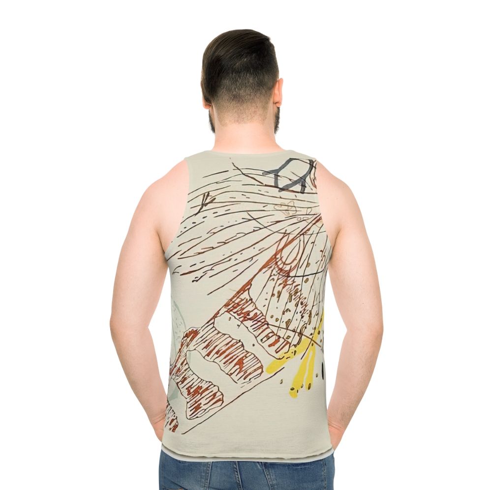 Avant garde unisex tank top design inspired by the works of John Cage and Henry David Thoreau - men back