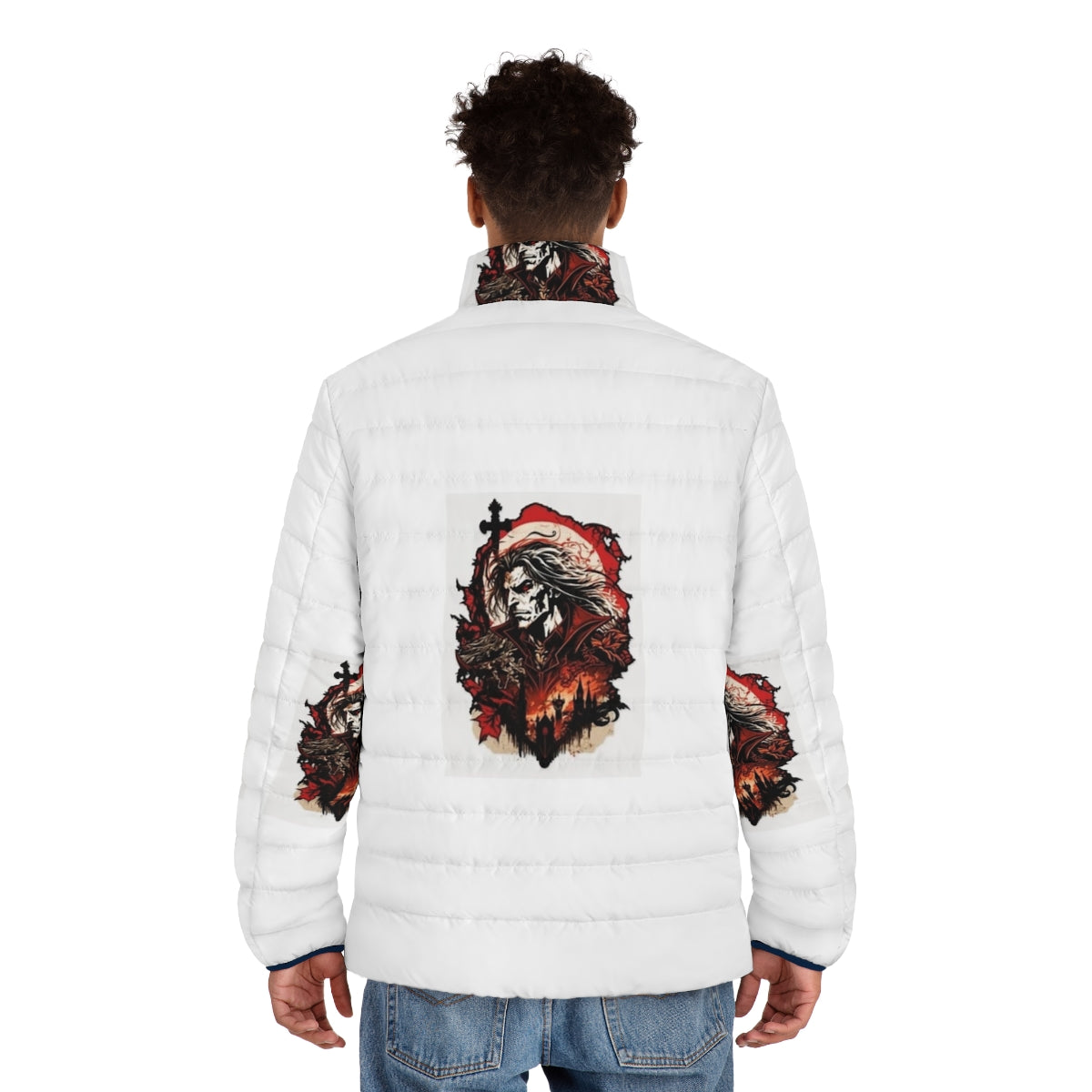 Dracula Castlevania inspired puffer jacket with gothic sticker design - men back