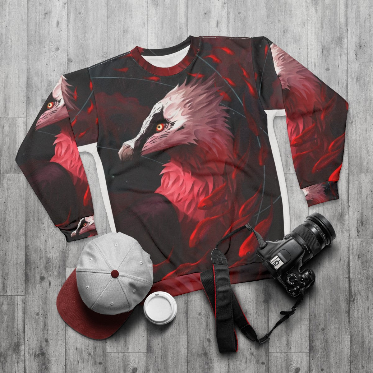 Bearded vulture and koi fish design on a grey sweatshirt - flat lay