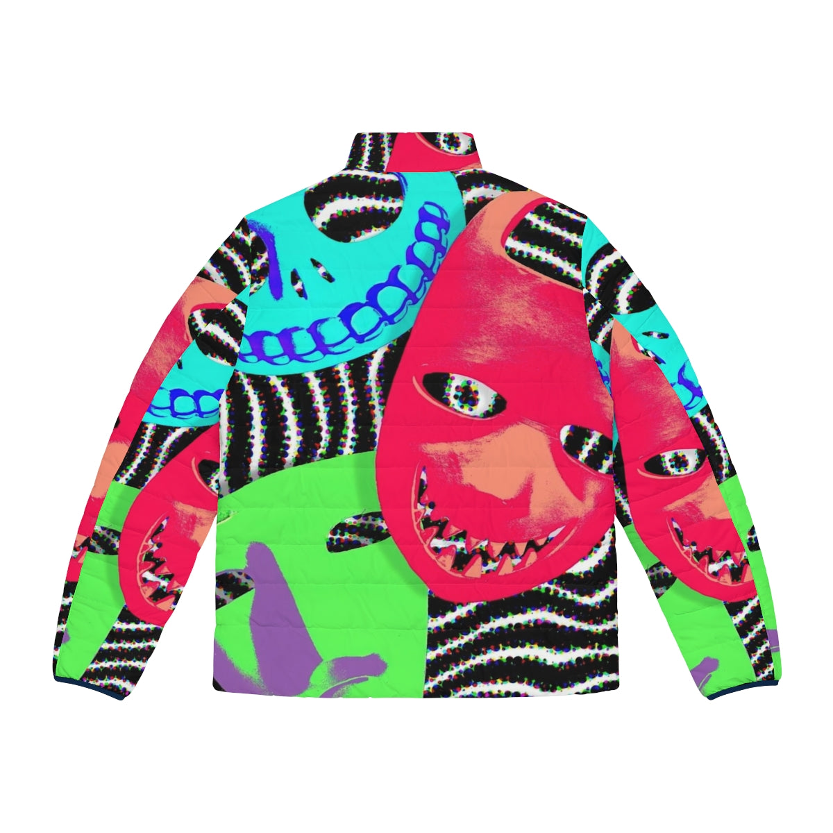 A stylish "Birds Of A Feather" puffer jacket featuring a spooky pop art design perfect for Halloween and Nightmare Before Christmas fans. - Back