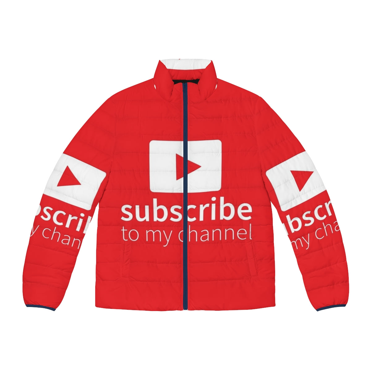 Man wearing a puffer jacket with the text "Subscribe to My Channel"