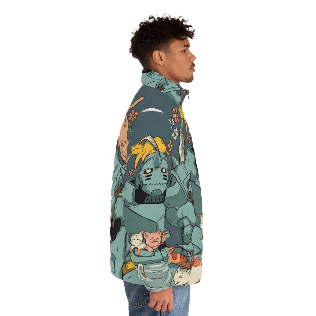 Fullmetal Alchemist inspired puffer jacket with anime graphics - men side right