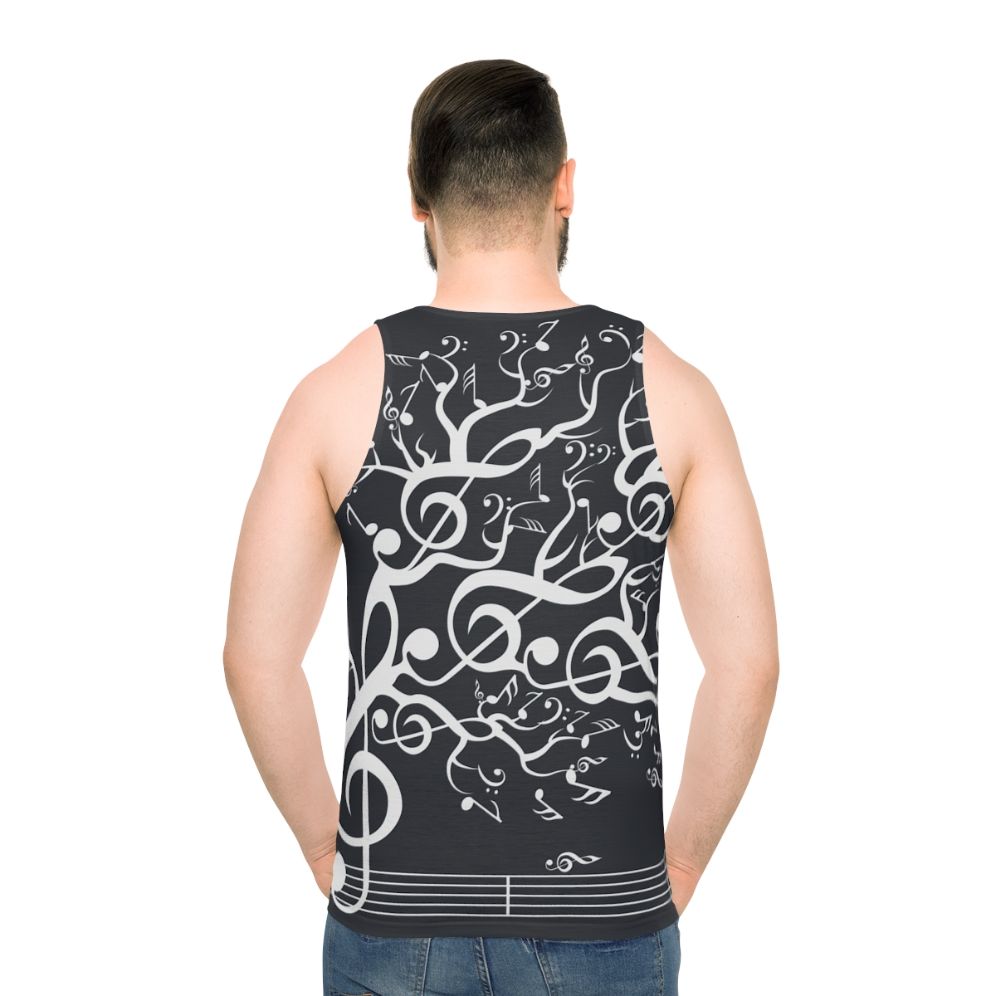 White unisex tank top with nature and music design - men back