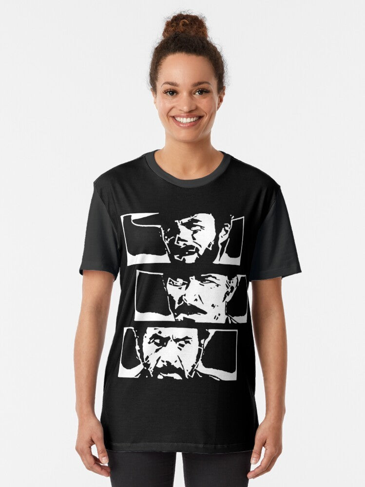 Graphic t-shirt featuring the iconic characters and title from the classic Clint Eastwood spaghetti western "The Good, The Bad, and The Ugly" - Women