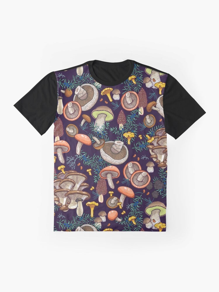 Dark forest graphic t-shirt with botanical fungi and nature elements - Flat lay