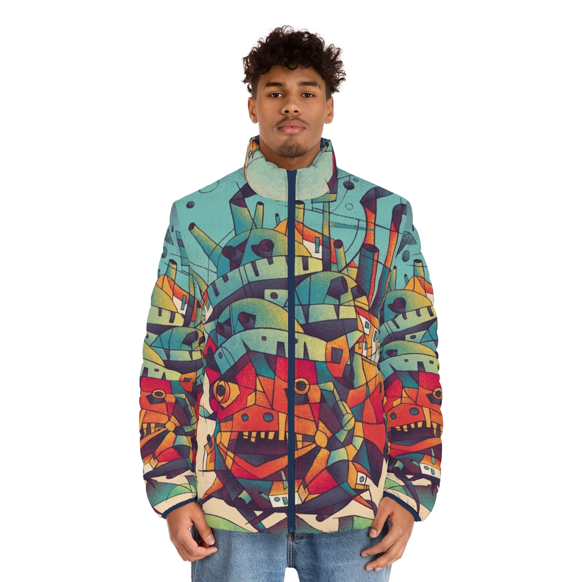 Moving Castle Anime Puffer Jacket featuring cubist and fantasy design - men front